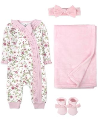 Baby Essentials - Baby Girls 4-Piece Coverall, Blanket, Socks and Headband Set