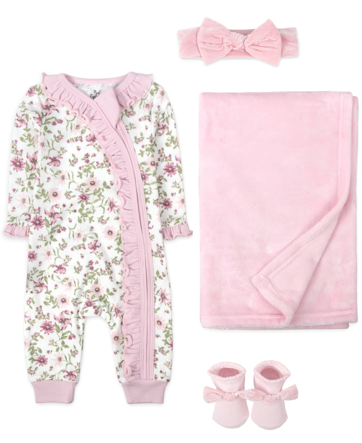Baby Essentials Girls 4-Piece Coverall, Blanket, Socks and Headband Set