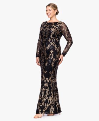 Betsy & Adam Plus Size Sequined Long-Sleeve Sheath Gown