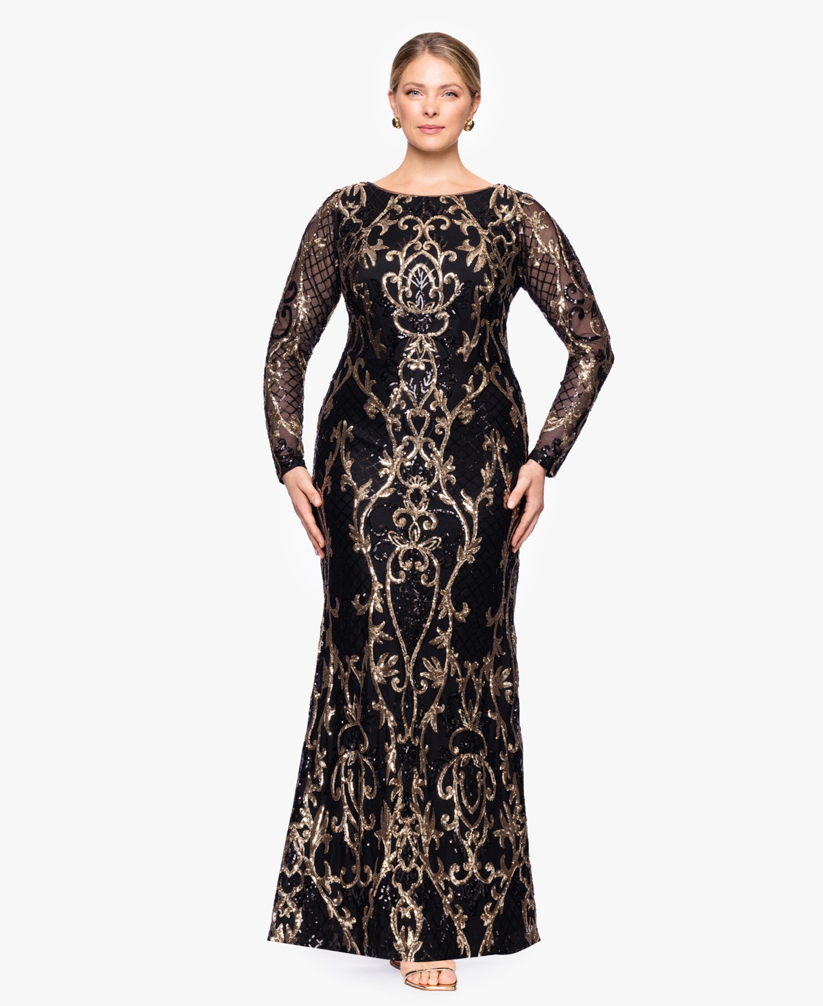 B & A By Betsy And Adam Betsy & Adam Plus Size Sequined Long-sleeve Sheath Gown In Black