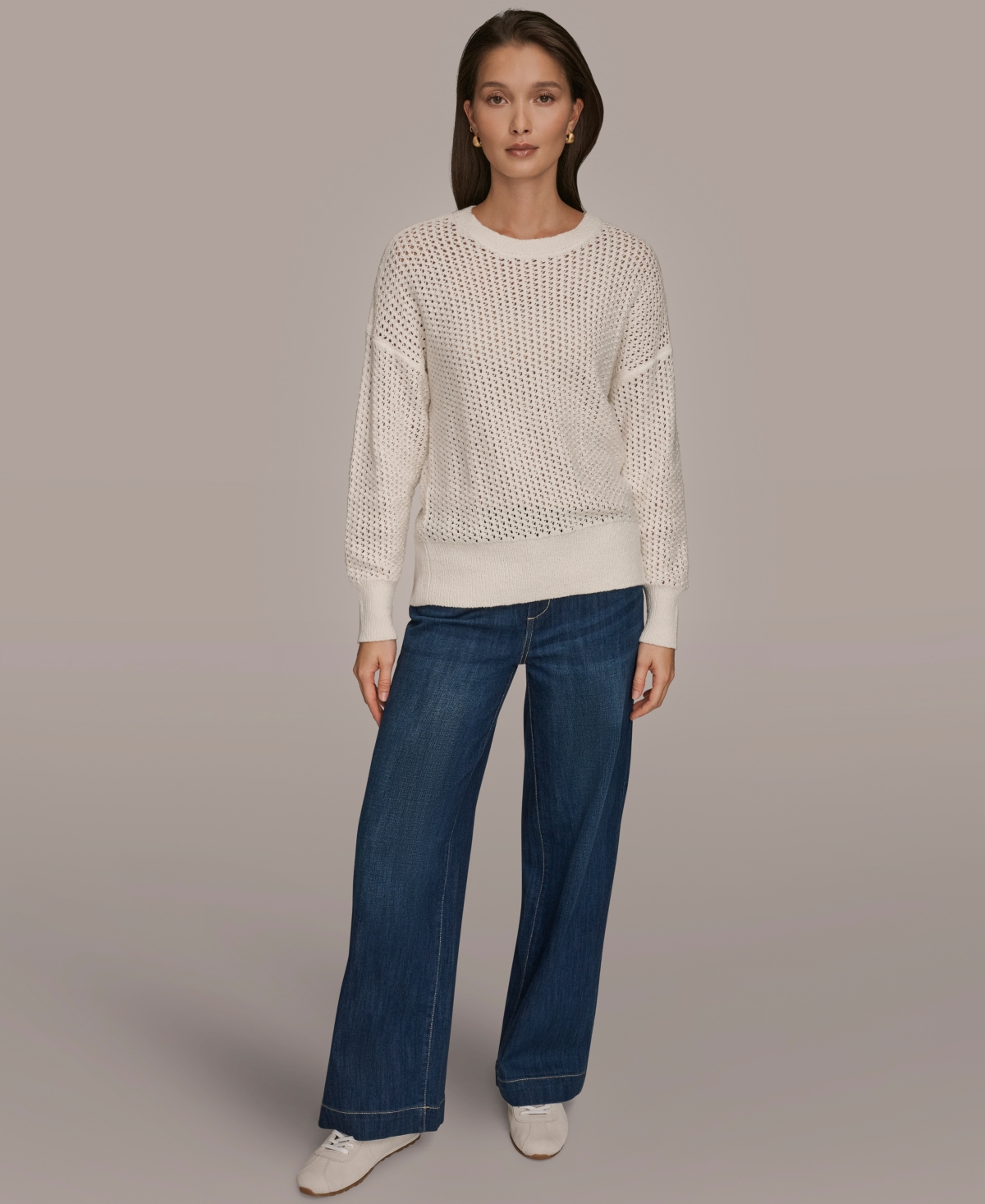 Donna Karan Weekend Women's Open Stitch Crewneck Sweater In White