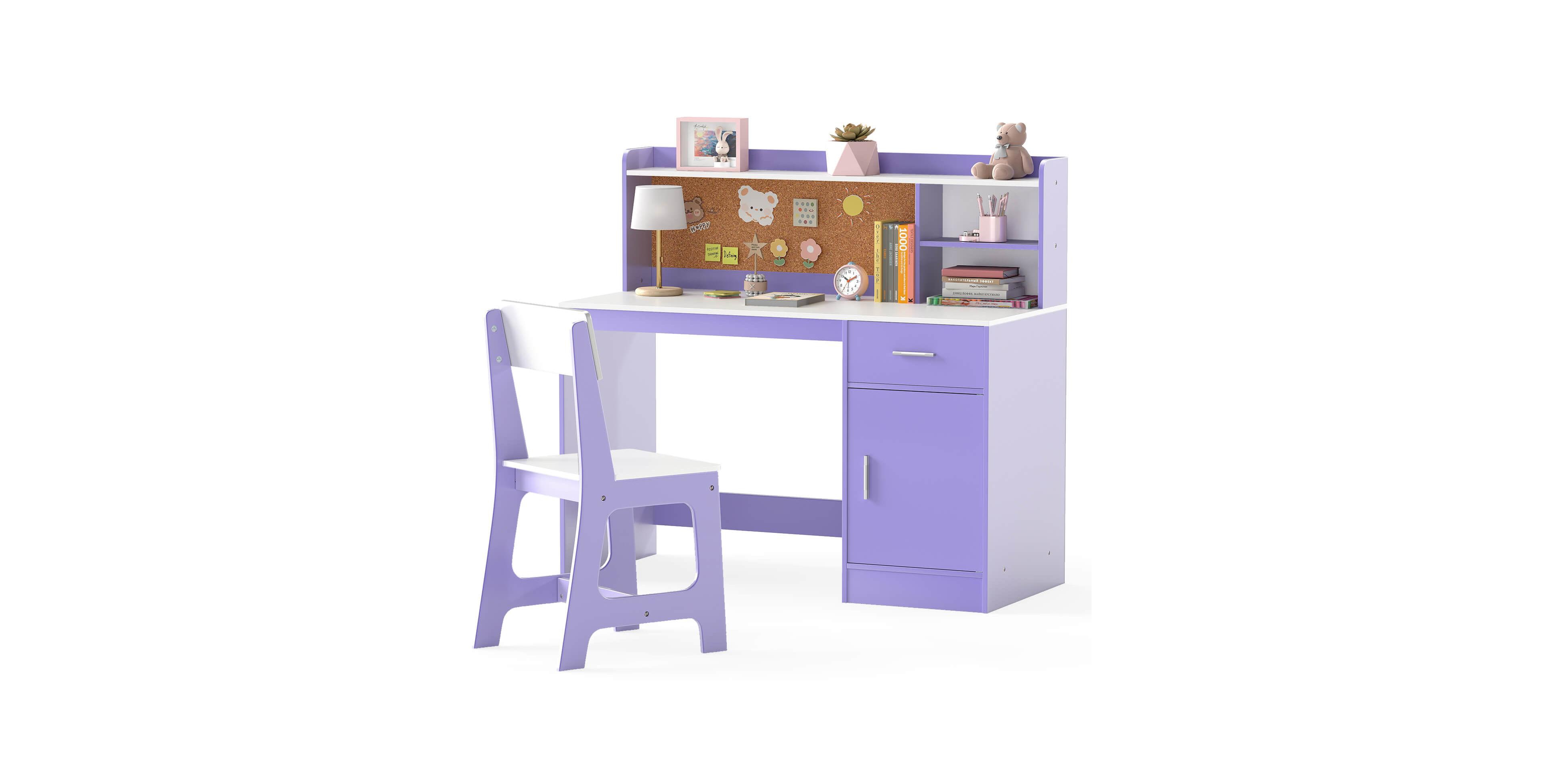 Costway Kids Study Desk and Chair Set Wooden Children Writing Table with Shelves & Drawer