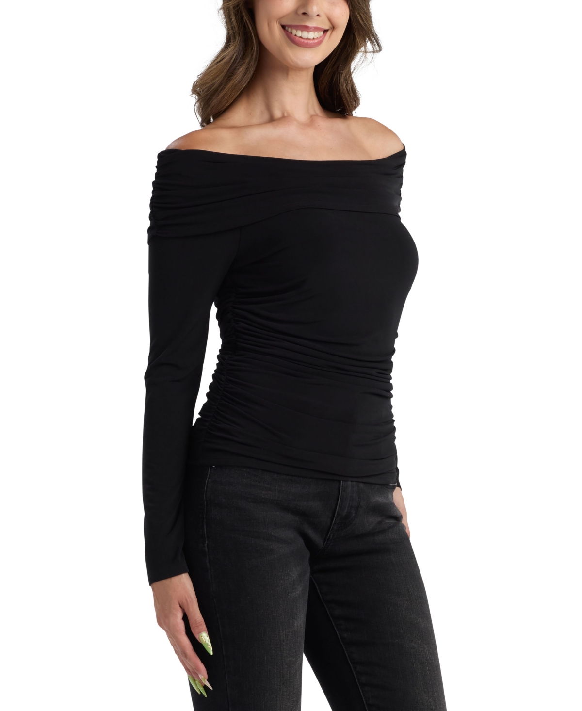 Bcx Juniors' Solid Shirred Long-sleeve Top In Black