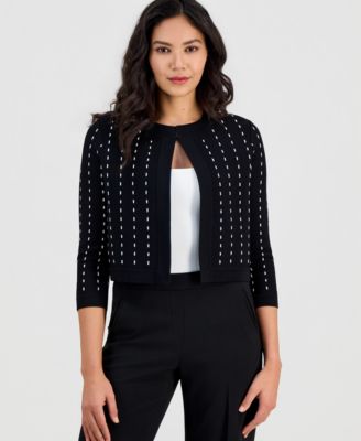 Women's Pinstripe Open-Front 3/4-Sleeve Cardigan
