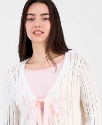 Juniors' Pointelle Tie-Front Cardigan