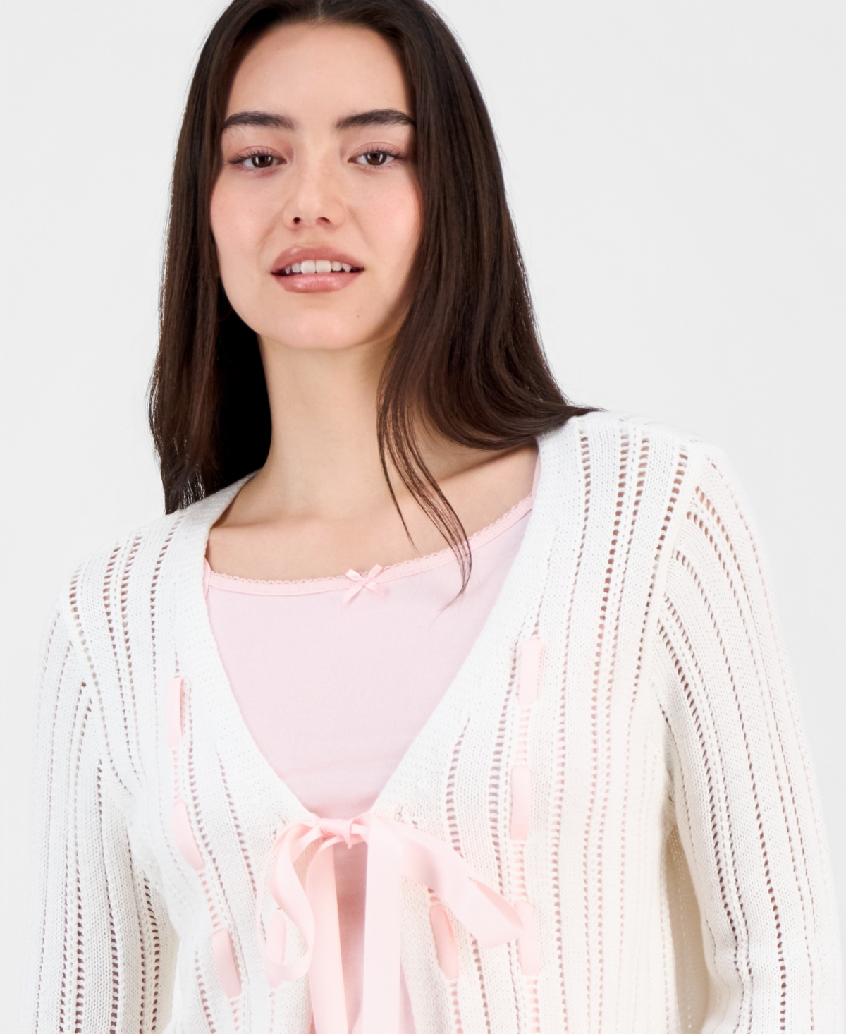 Hooked Up by Iot Juniors' Pointelle Tie-Front Cardigan