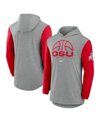 Nike - Men's Gray/Scarlet Ohio State Buckeyes Basketball Color-Block Tri-Blend Dri-FIT Long Sleeve Hoodie T-Shirt