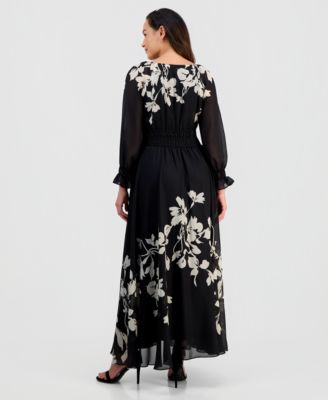 Women's Pleated Long-Sleeve Chiffon Midi Dress