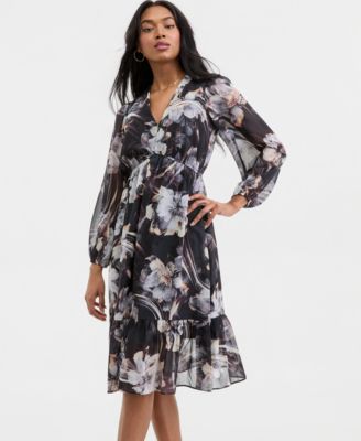 Women's Printed Blouson-Sleeve A-Line Dress
