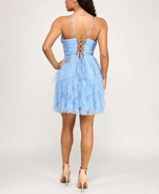 Juniors' Glitter-Mesh Petal Fit & Flare Dress