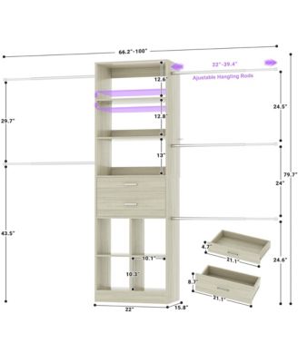 4-8 FT Walk-in Adjustable Closet Organizer System with 2 Drawers and 5 Rods, Fits 60-96'' Closets