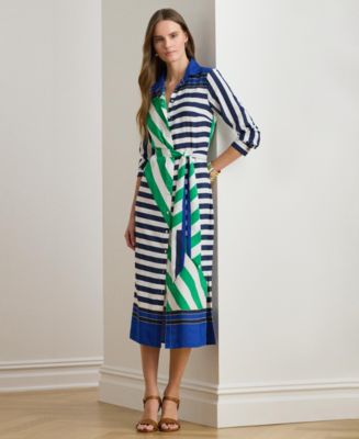 polo ralph lauren striped silk-blend dress silk blend a line midi POLO RALPH LAUREN Shirred Midi Dress long sleeves Polo Ralph Lauren STRIPED SILK