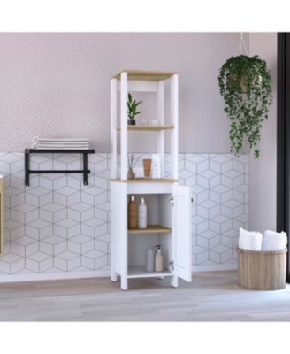 Linen Cabinet with Two Interior Shelves and Two Open Shelves Single Door Freestanding Storage Organizer for Bathroom or Living Room