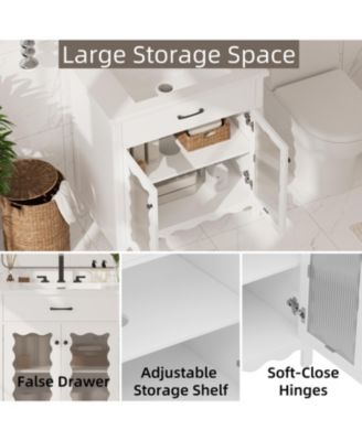 31 Inch Bathroom Vanity with Tempered Glass Modern Bathroom Cabinet with Rubber Wood Legs and Soft Close Doors Freestanding Storage White