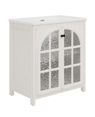 31 Inch Bathroom Vanity with Ceramic Sink Faux Aged Finish Vintage Rustic Bathroom Cabinet with Bronze Pulls and 2 Soft Closing Doors