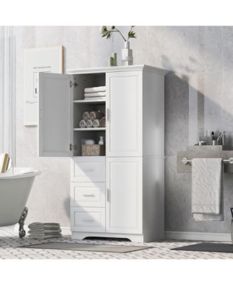 Tall and Wide Storage Cabinet with Doors and Three Drawers White Freestanding Organizer for Bathroom Office and Living Room