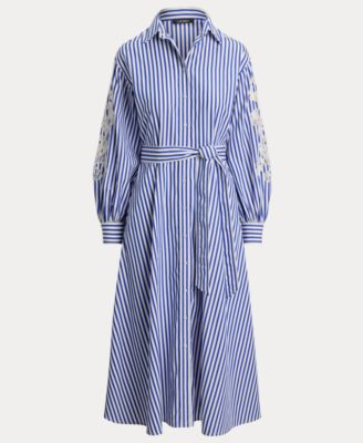 Women's Striped Eyelet Broadcloth Belted Shirt Dress