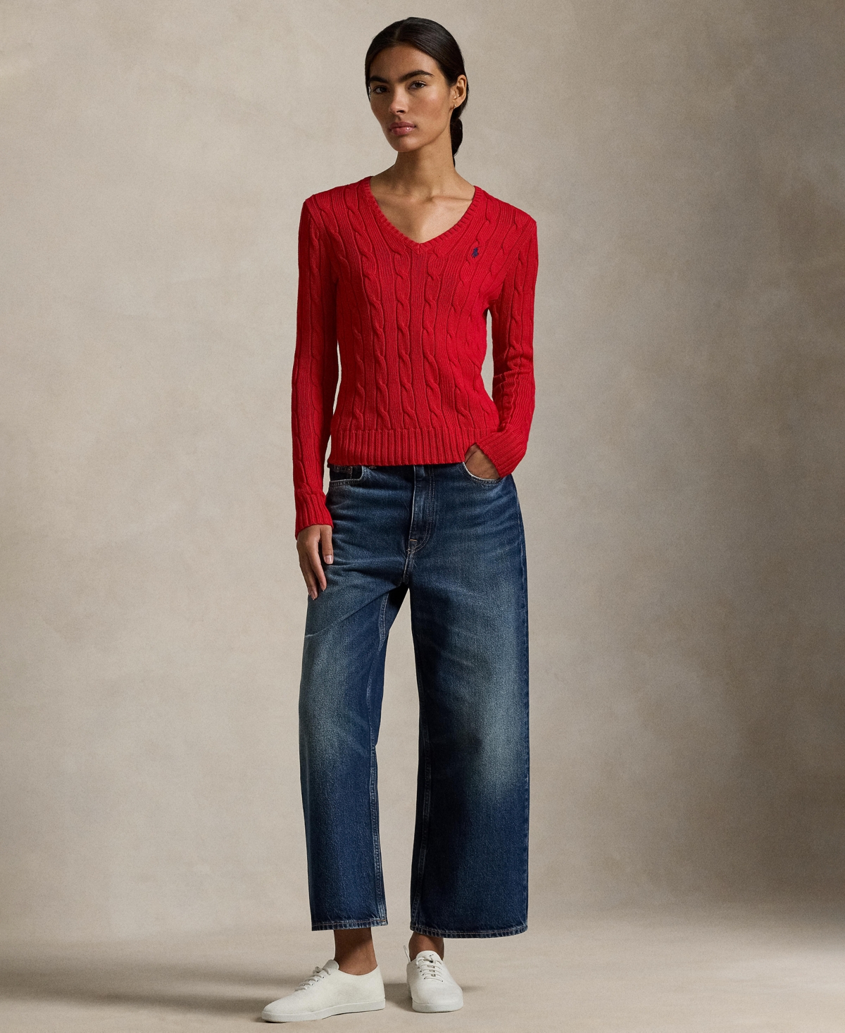 Polo Ralph Lauren Women's Cable-knit Cotton V-neck Sweater In Red