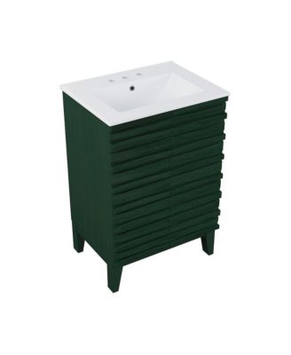 24" Freestanding Bathroom Vanity in Green Oak with 3-Hole Widespread Sink Top