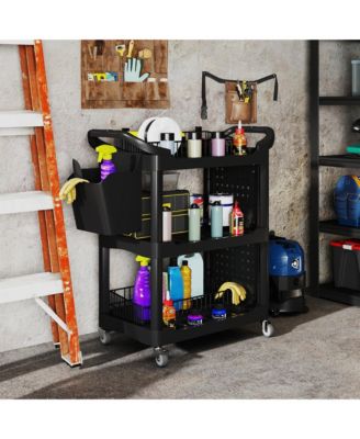 3-Tier Rolling Tool Cart, Utility Cart with Side Shelf & Hook