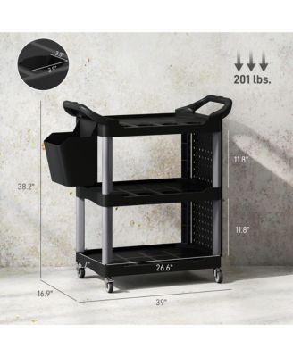 3-Tier Rolling Tool Cart, Utility Cart with Side Shelf and Hook