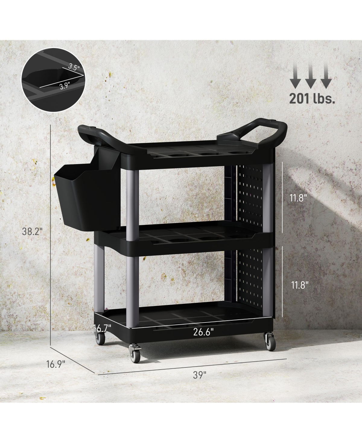 Homcom 3-Tier Rolling Tool Cart, Utility Cart with Side Shelf & Hook