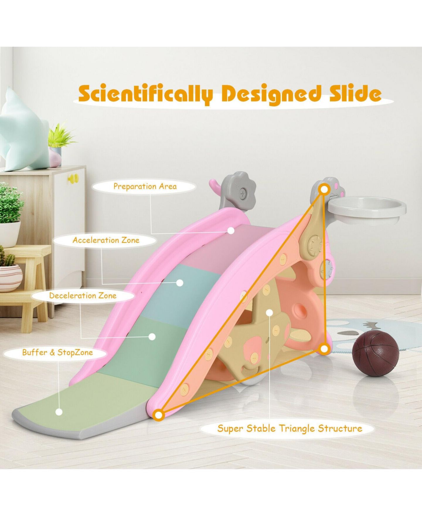 Детский игровой набор Mecale 4-in-1 Toddler Slide and Rocking Horse Playset with Basketball Hoop, Ages 1-5, цвет: Розовый — фото 4