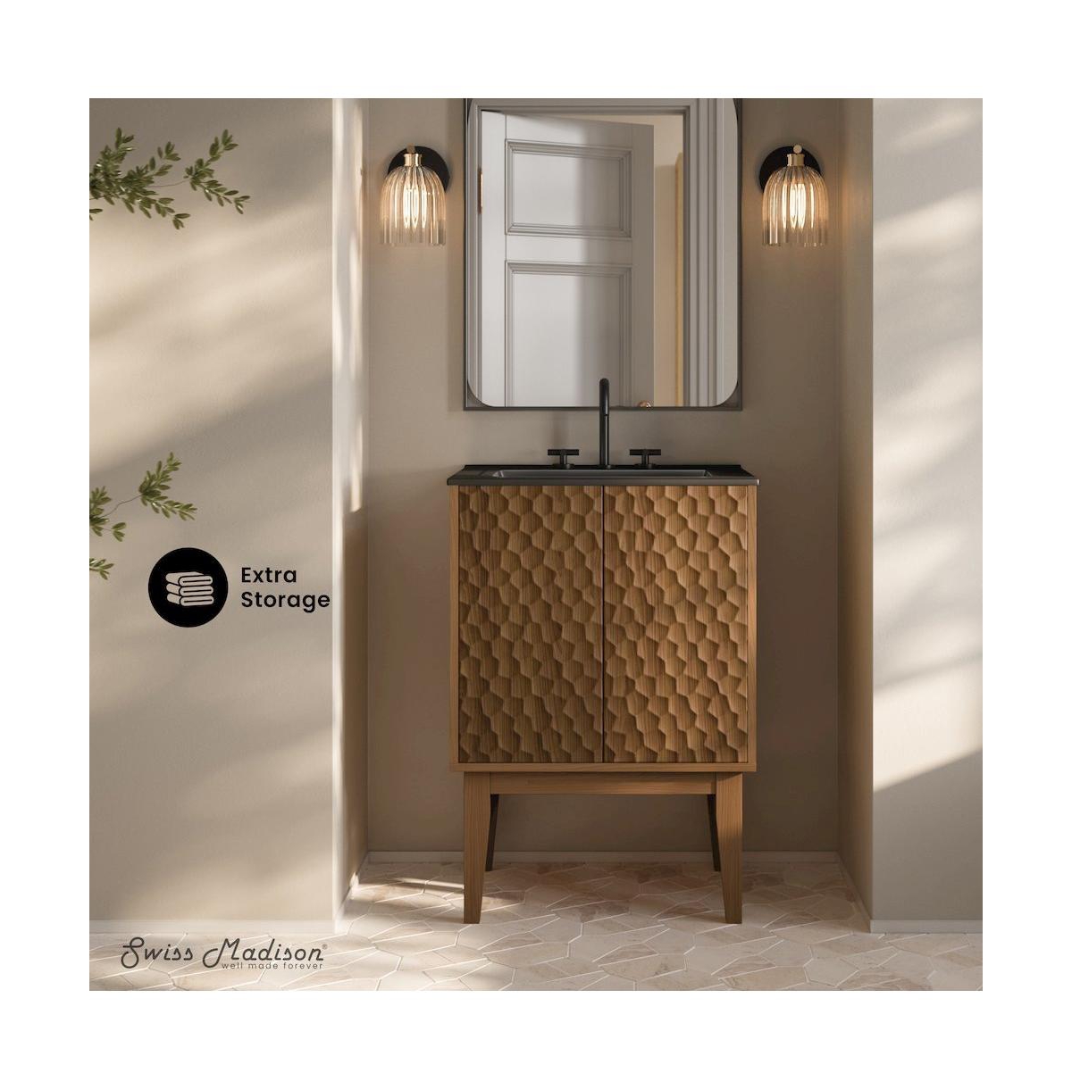 24" Freestanding Bathroom Vanity in Brown Oak, Black 3-Hole Centerset Sink Top