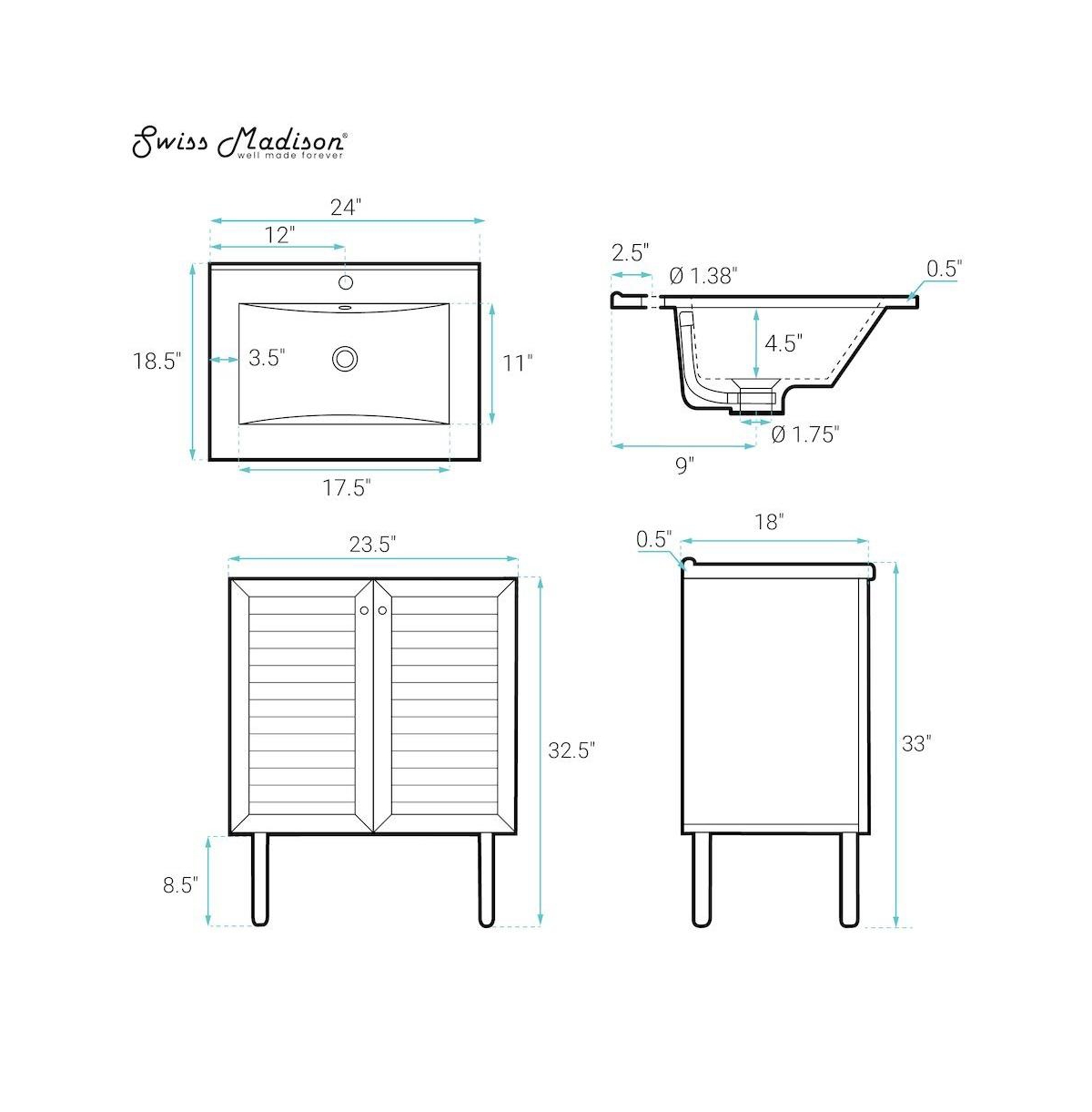 Bron 24" Freestanding Bathroom Vanity in Brown Oak with Sink Top