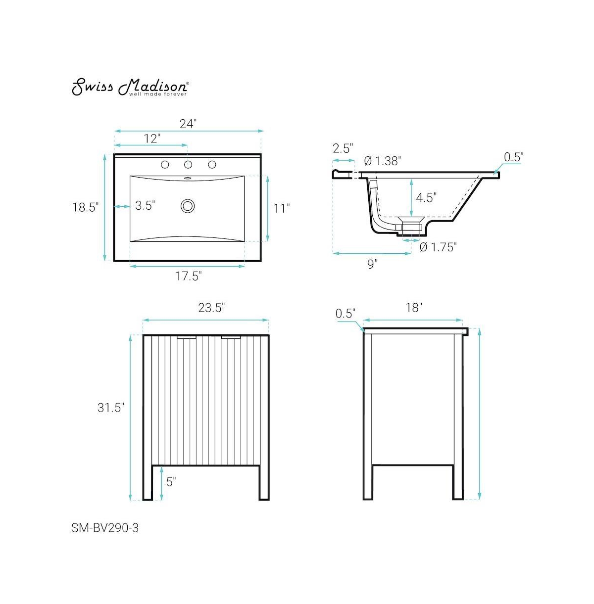 Swiss Madison Bastille 24 in. White Bathroom Vanity With White, 3-Hole Ceramic Sink Top