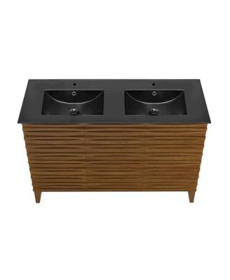 48 in. Brown Oak, Double Basin Bathroom Vanity With Black Ceramic Sink Top