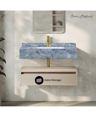 Avancer 36" Wall-Mounted Bathroom Vanity in White Oak with Blue Celeste Sink Top