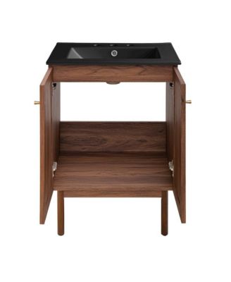 24" Freestanding Bathroom Vanity in Brown Oak, Black 3-Hole Centerset Sink Top