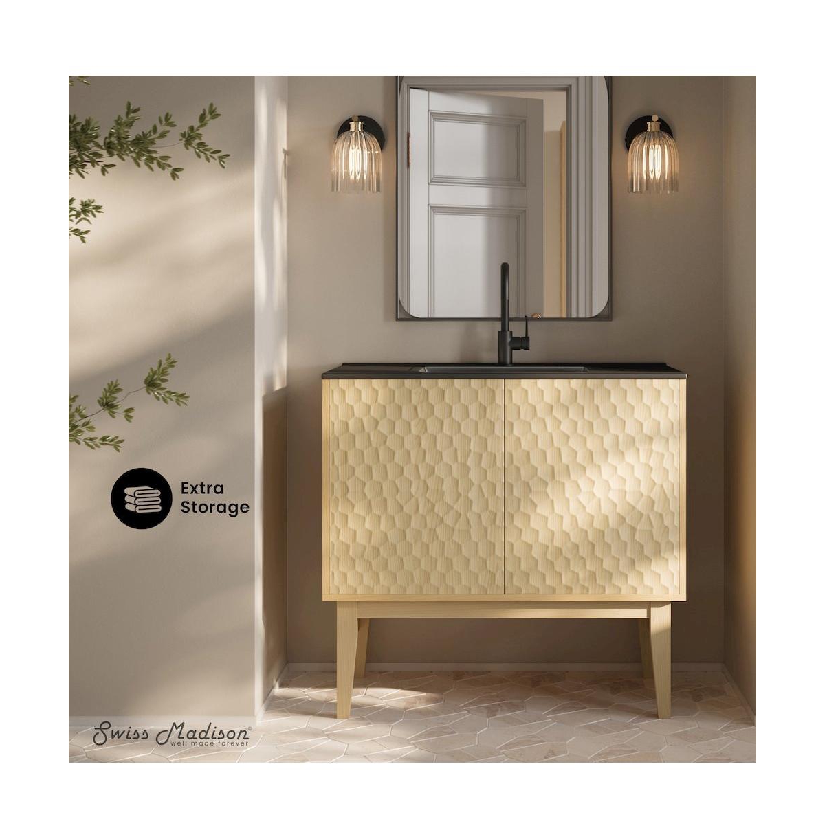 Swiss Madison Bosse 36" Freestanding Bathroom Vanity in Natural Oak with Black Sink Top