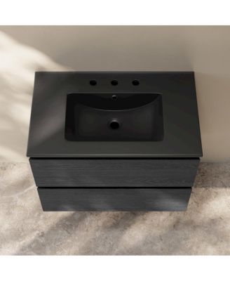 30" Wall-Mounted Bathroom Vanity in Black Oak, Black 3-Hole Widespread Sink Top