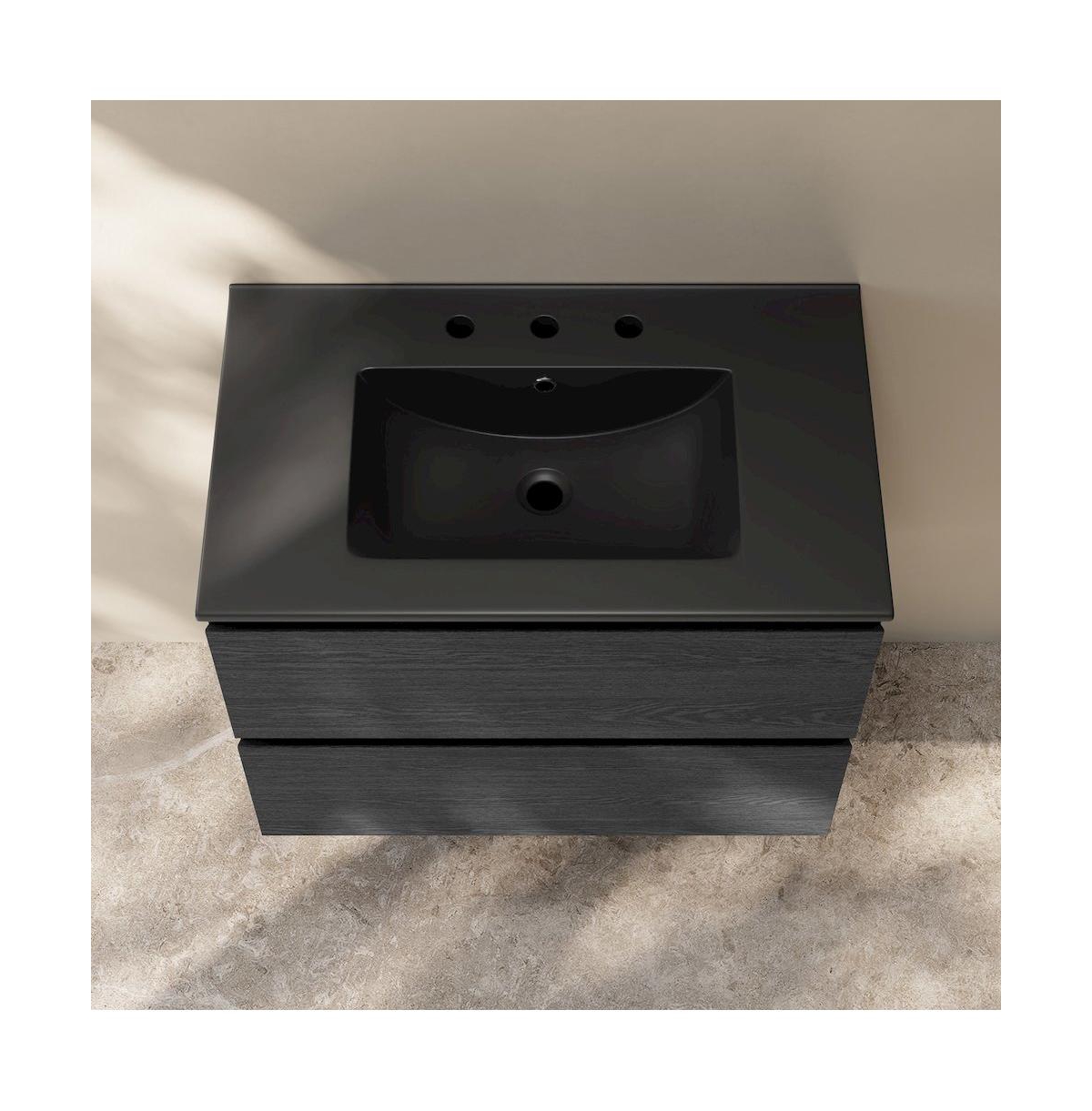 Swiss Madison 30" Wall-Mounted Bathroom Vanity in Black Oak, Black 3-Hole Widespread Sink Top