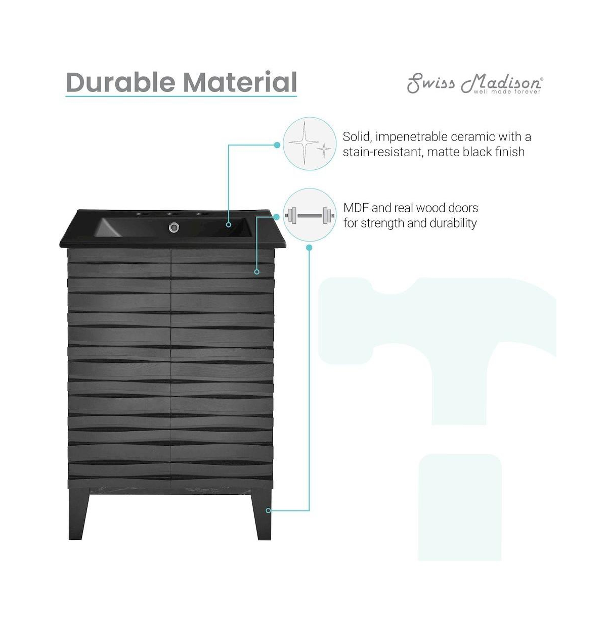 Swiss Madison Cascade 24 in. Black Oak Bathroom Vanity With Black, 3-Hole Ceramic Sink Top