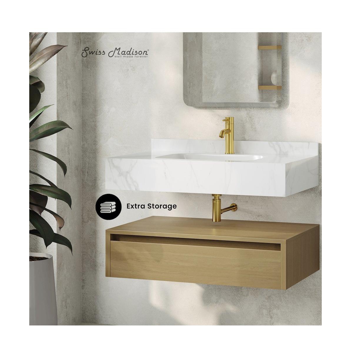 Swiss Madison 36" Wall-Mounted Bathroom Vanity in Natural Oak with White Marble Sink Top