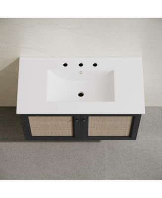 36" Black Oak Ceramic Scratch-Resistant Soft-Close Doors & Widespread Faucet Sink Top Wall-Mount Bathroom Vanity