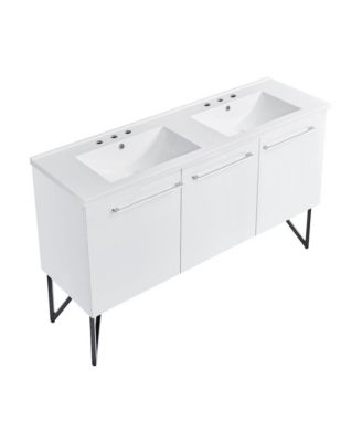 60 in. White, Double Basin Bathroom Vanity, White, 3-Hole Sink Top