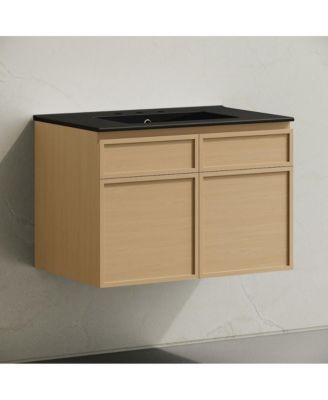 30" Wall-Mounted Bathroom Vanity, Natural Oak, Black 3-Hole Widespread Sink Top