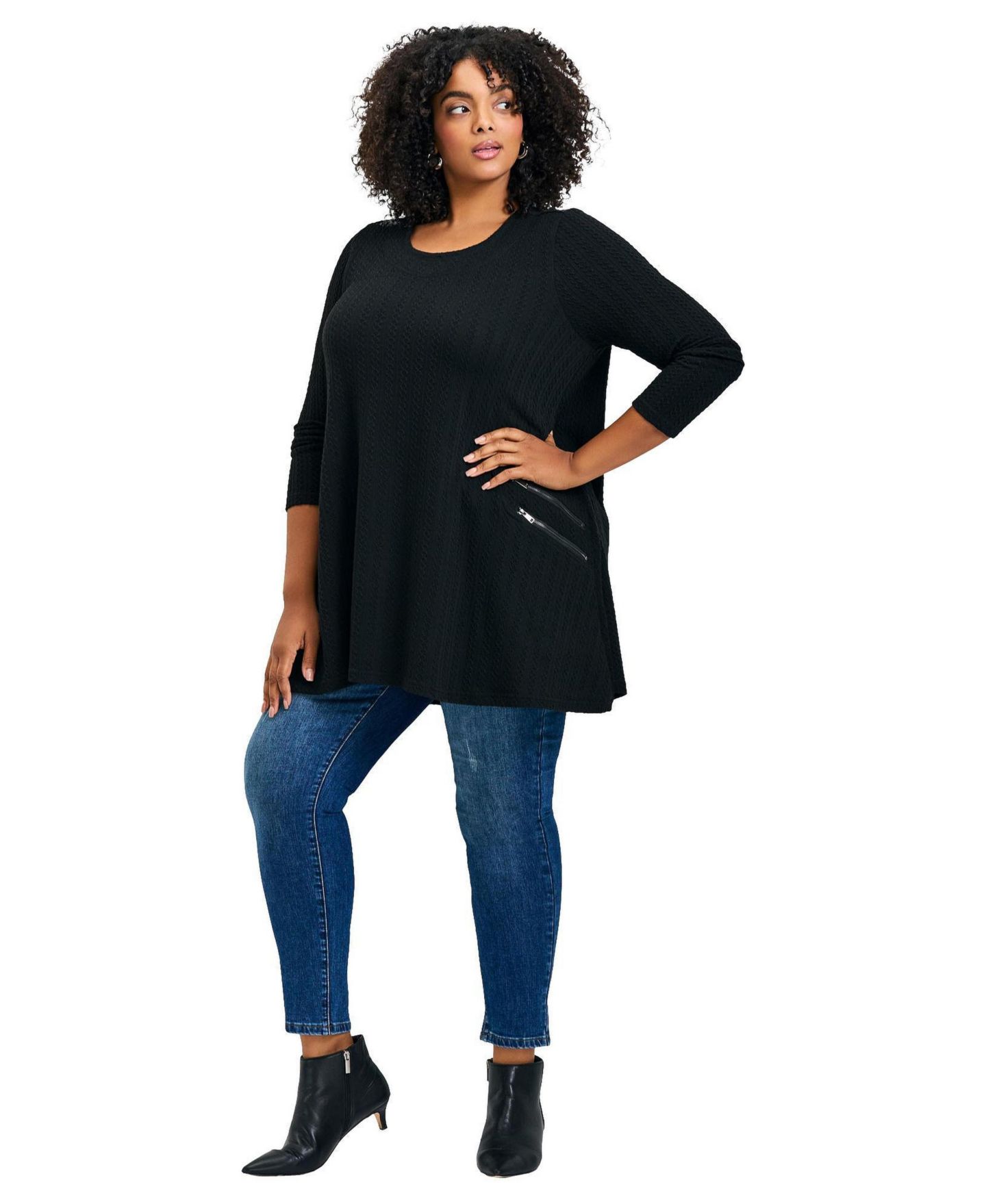 Женский топ Avenue Plus Size Alina Hacci Zip Detail Tunic, цвет: Чёрный — фото 1