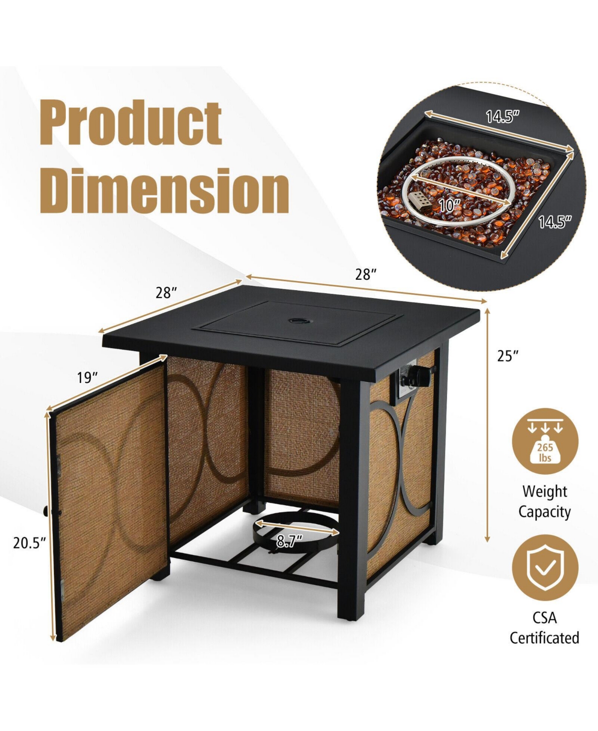 28 Inch 50000 Btu Outdoor Square Fire Pit Table with Cover