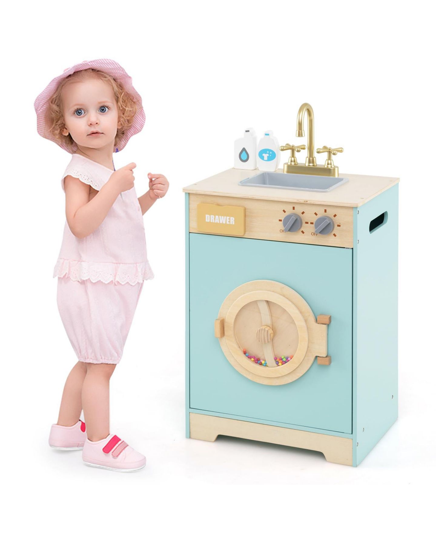 Детский игровой набор Mecale Wooden Washing Machine Playset with Realistic Sounds, 3-Piece, Ages 3+, цвет: Синий — фото 1