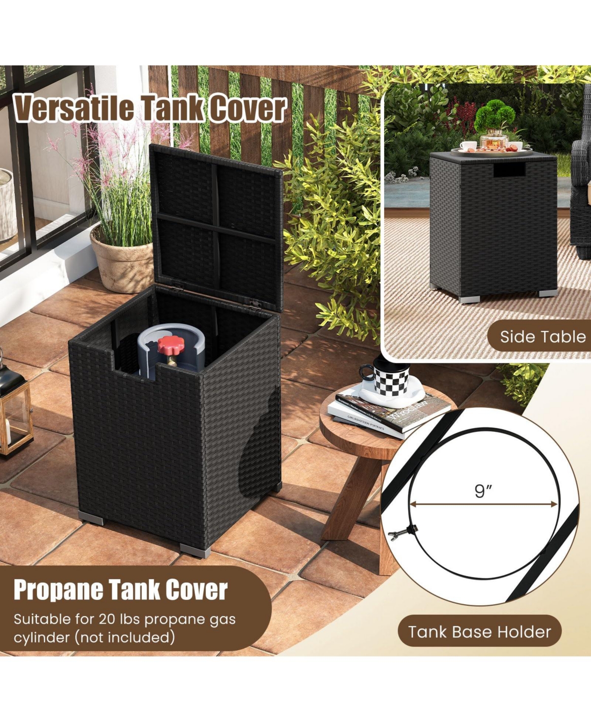 2-Piece Outdoor Rattan Fire Table Set 32 Inch Rectangle Gas Firepit with Tank Cover
