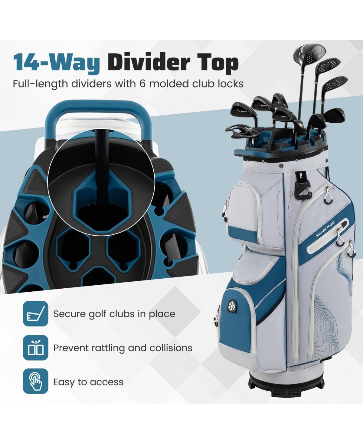 Molded Lock Top Golf Cart Bag with 14-Way Full Length Dividers and 11 Pockets