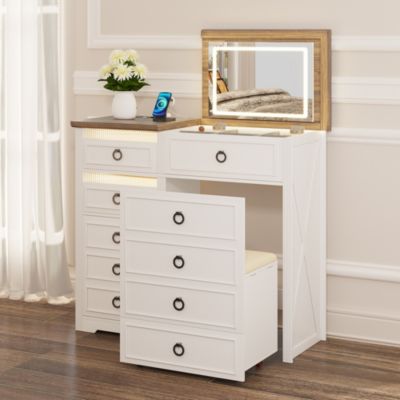 Vanity Desk with Mirror & Lights, Charging Station, Drawers & Chair