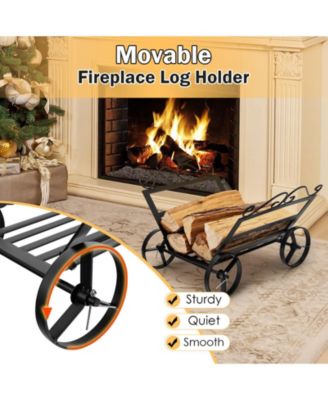 Firewood Rack Decorative Rustproof Steel Fireplace Log Holder with Wheels