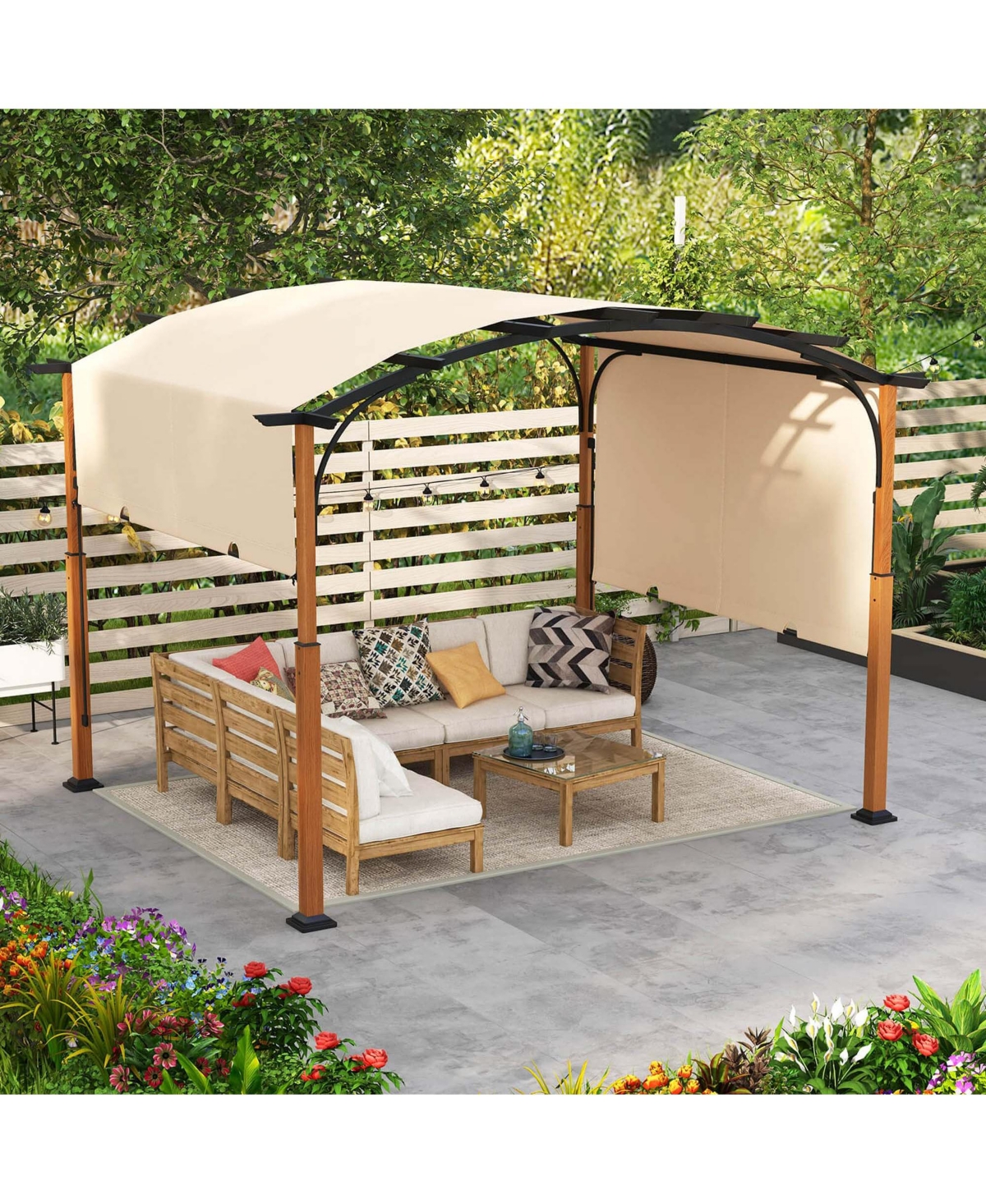 10 x 12 Ft Outdoor Retractable Pergola with Retractable Canopy Wood Looking Posts