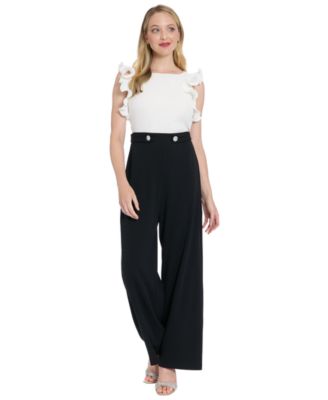 London Times - Women's Pleated Ruffle Sleeve Mixed Media Jumpsuit